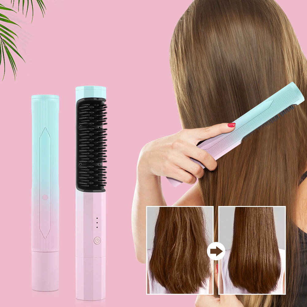 Afdeal Wireless Hair Straightening Comb Rechargeable Hair Straightener Hair Curler Curling Hair Straighten Hair Dual-purpose Comb Travel Portable USB Charging