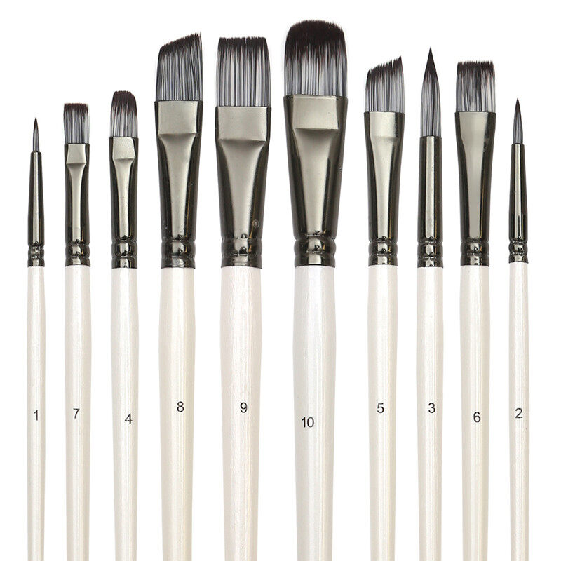 AICRANE 10PCS Nylon Tips Paint Brushes Set for Art Acrylic Gouache Oil Watercolor Artist Canvas Synthetic