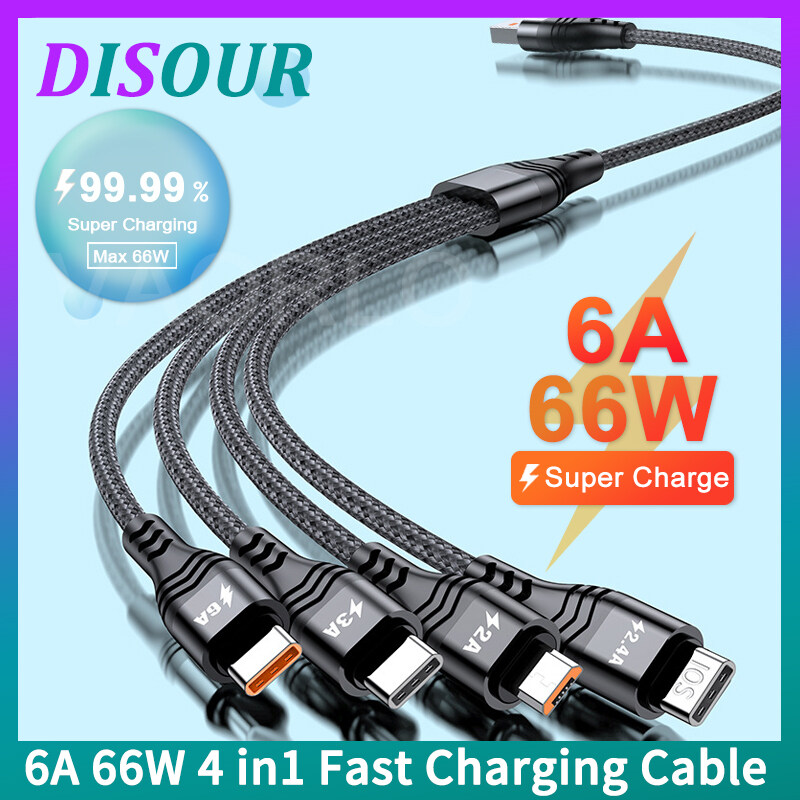 DISOUR Original 2M 6A 66W Super Fast Charging Cable 4 In 1 2*Type-C Micro USB  Lightning Charger Cable Nylon Braided For IOS Android For Xiaomi Samsung iPhone All Smart Phones 1.2M 3IN1